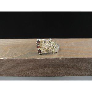 Size 6.5 Sterling Silver Marcasite And Triple Garnet Band Ring